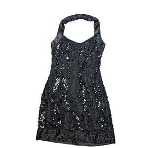 Vintage Silk Alyce Designs Black Beaded Sequin Halter Cocktail Dress Size 8